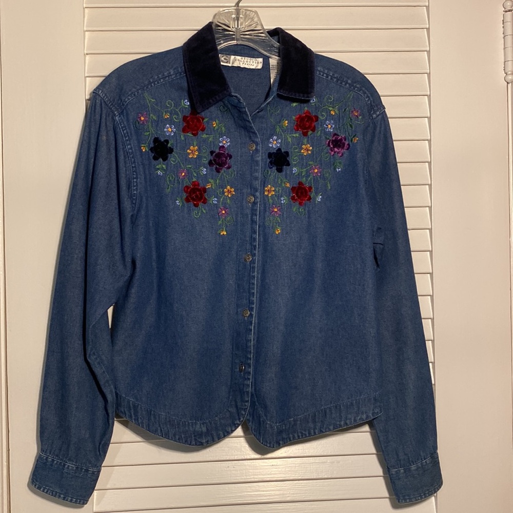 Studio Collection PM denim shirt, embroidered velvet flowers and collar.